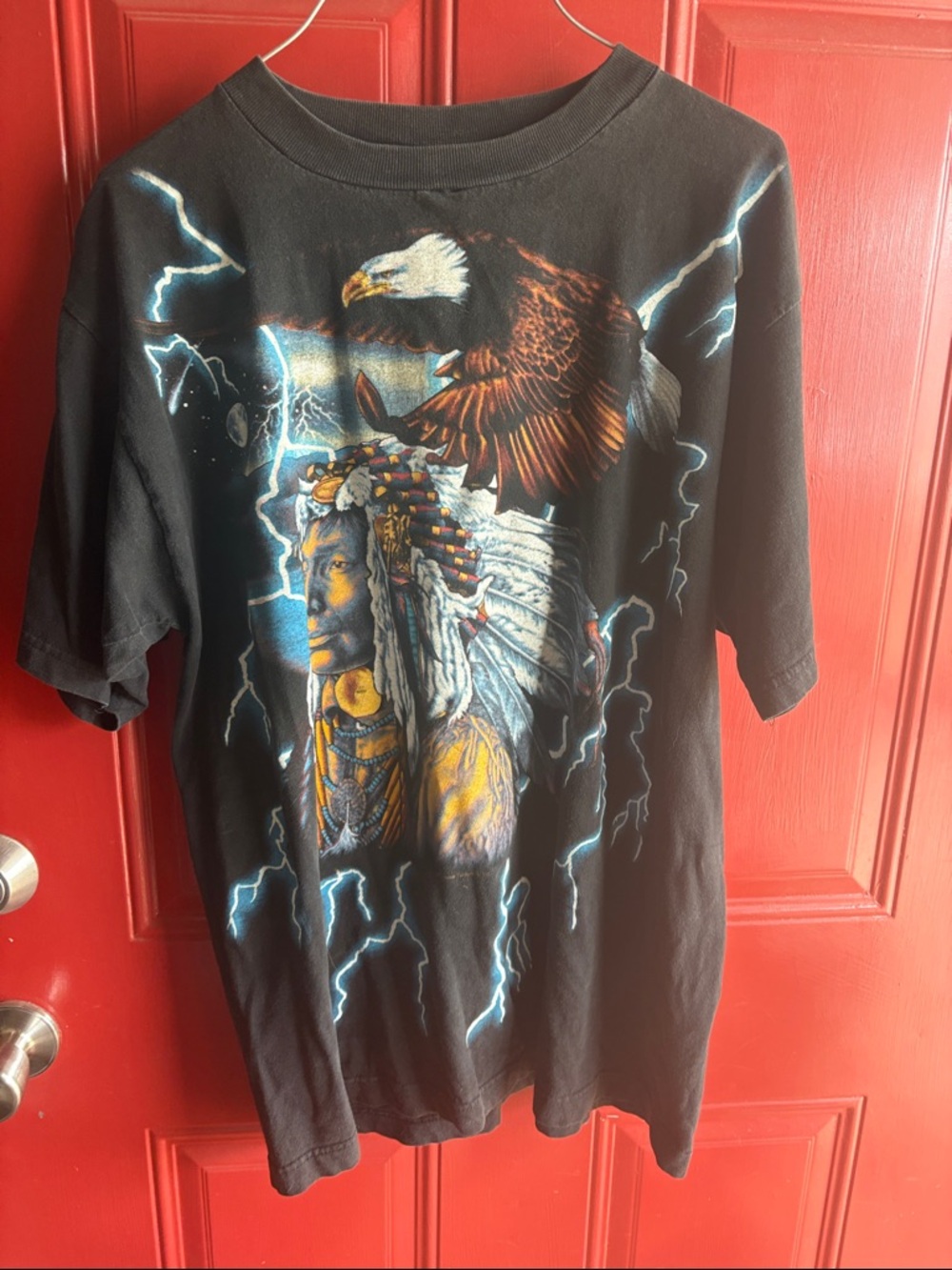 Vintage American Thunder Black Eagle & Native Chief Short Sleeve T-Shirt SZ LG